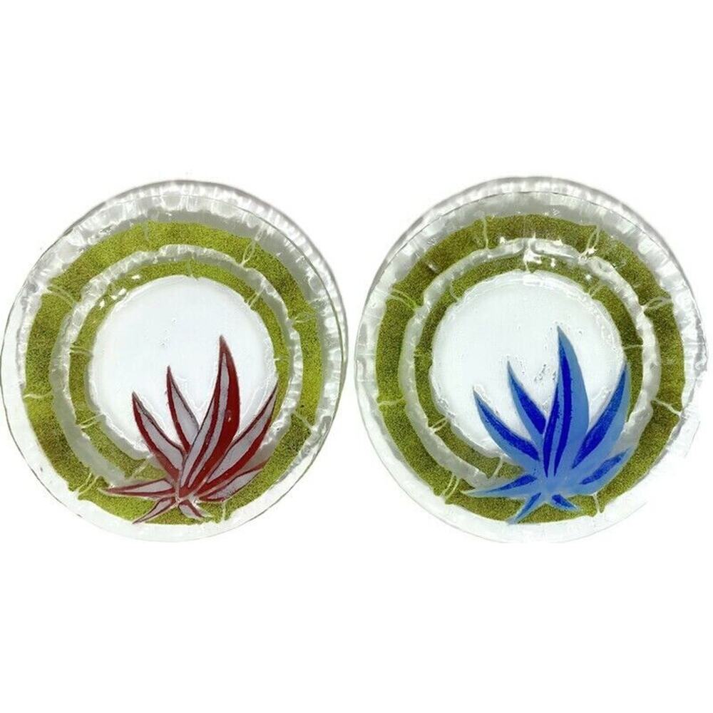 Sydenstricker Fused Art Glass Plates Blue Red Flowers 8.5" Set of 2